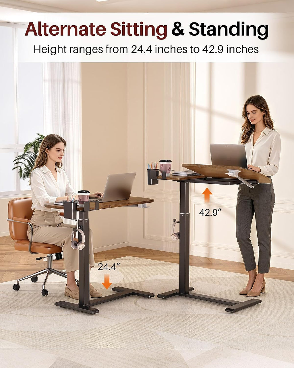 Overbed Table with Wheels, Pneumatic Lift and Tilting Top (Walnut) - Image 2