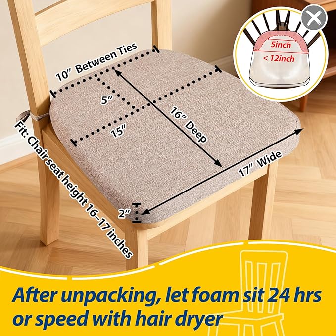 AAAAAcessories D-Shaped Chair Cushions, 2" Thick Dining Chair Pads with Ties and Removable, Machine-Washable Cover, 17" x 16", Set of 6, Oatmeal Beige - Image 2