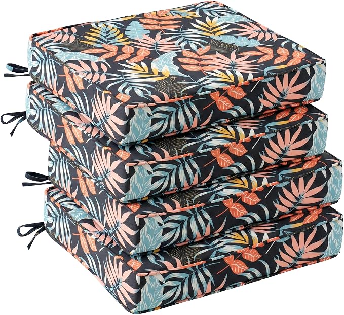 UNIKOME Outdoor Chair Cushions Set of 4, Water Resistant Patio Seat Cushions with Ties for Outdoor Furniture, High-Density Foam, UV & Fade Resistant, Piped Edge – 19" x 19" x 3", Colorful Leaves by UNIKOME