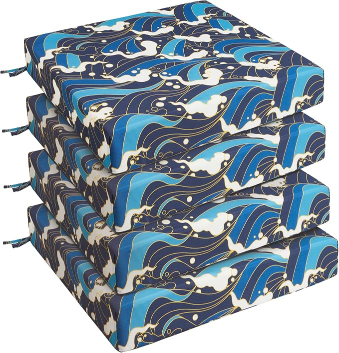UNIKOME Outdoor Chair Cushions Pack of 4, Water Resistant Patio Cushions with Ties, High Density Sponge Filling Square Corner Seat Cushions for Outdoor Furniture, 19"*19"*3", Blue/Waves by UNIKOME