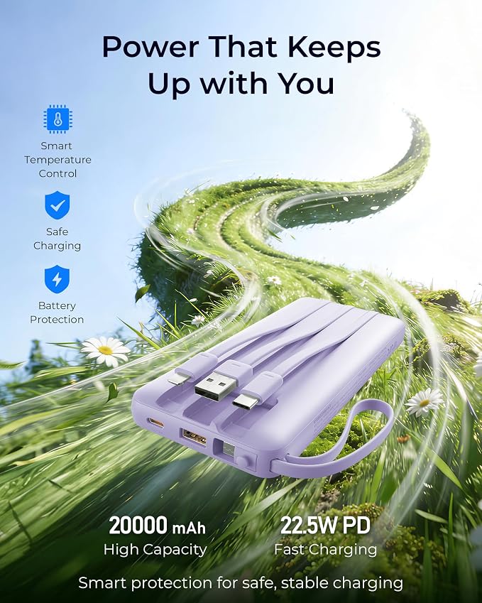 VRURC Portable Charger 4-Built-in-Cable Fast Charging 20000mAh Power Bank | Battery Protection,Flight-Approved,USB-C Cable,22.5W PD,Slim,Travel Essentials,Battery Pack for iPhone,iPad,Galaxy,Purple - Image 3
