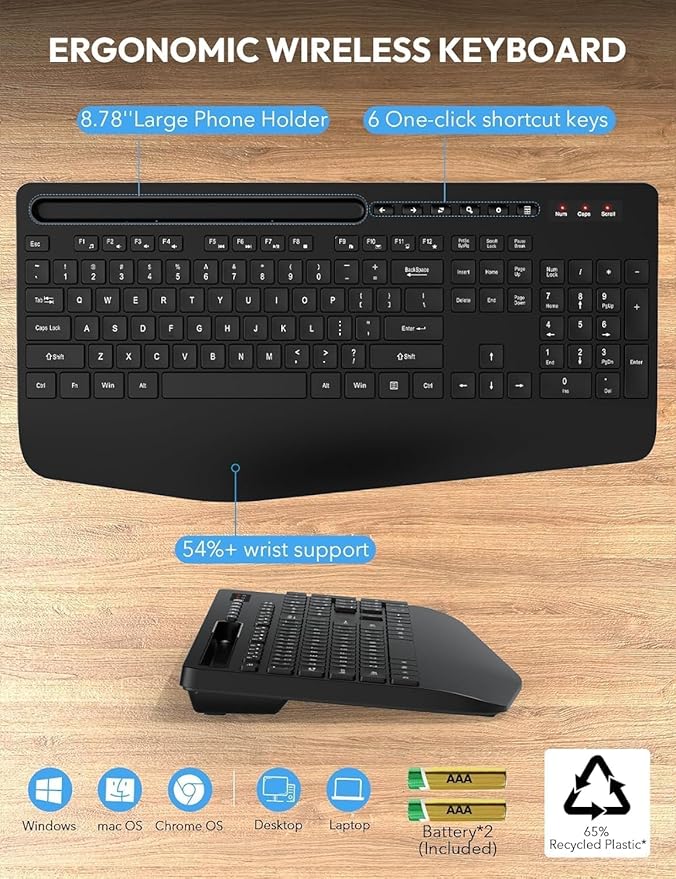 Wireless Keyboard and Mouse Combo, Full Size, Ergonomic Wrist Rest | Silent Typing, Phone Holder, 2.4 GHz, 3 Level DPI, Batteries Powered, KM23D Set Compatible with PC, Laptop, Windows, macOS - Image 5