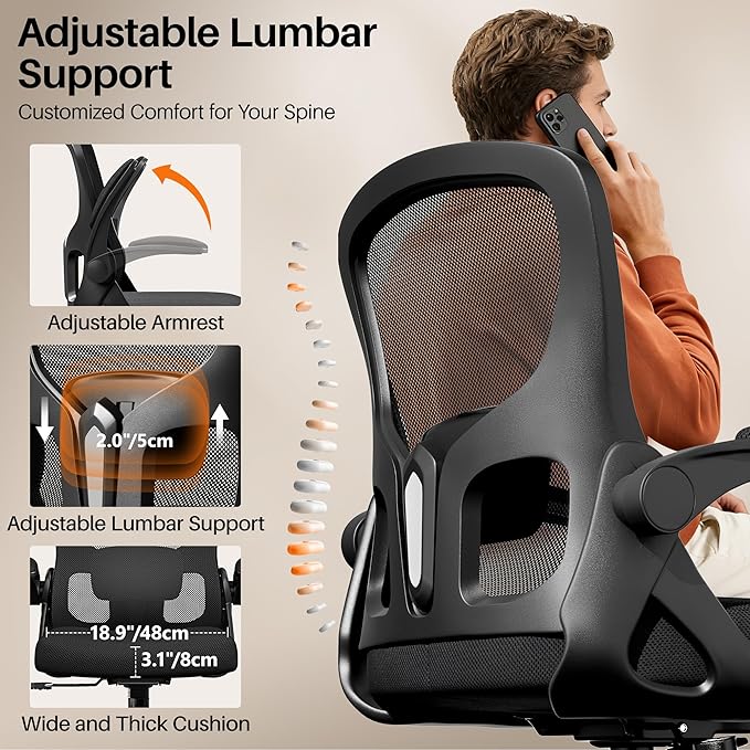 Office Chair Ergonomic Desk Chair, Adjustable Lumbar Support Rolling Swivel Comfy Chair with Space-Saving Flip Up Armrests,Mesh Gaming Chair for Business Work Office & Home, Black 8pcs - Image 4