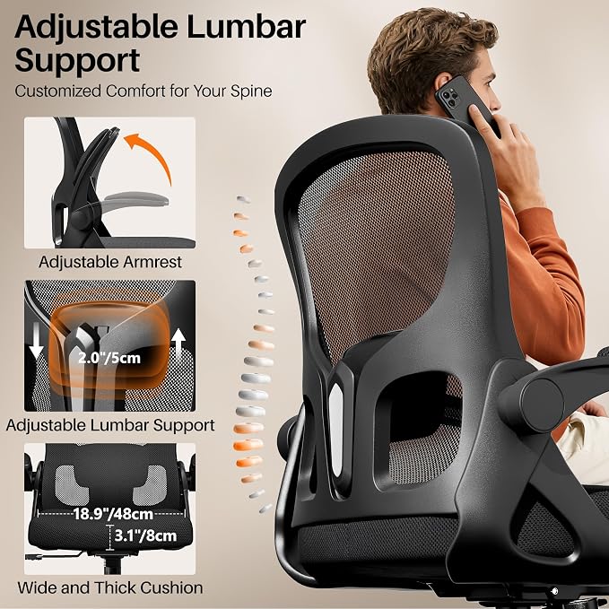 Office Chair Ergonomic Desk Chair, Adjustable Lumbar Support Rolling Swivel Comfy Chair with Space-Saving Flip Up Armrests,Mesh Gaming Chair for Business Work Office & Home, Black 6pcs - Image 4