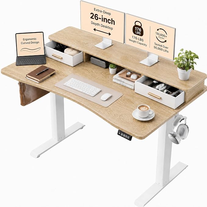 Grandder Electric Standing Desk with Two Drawers, Curved Sit to Stand Up Height Adjustable Desk with Storage Shelf for Home Office, 47 * 26 Inch, Study, Ergonomic Adjustable Computer Desk, Oak by Grandder