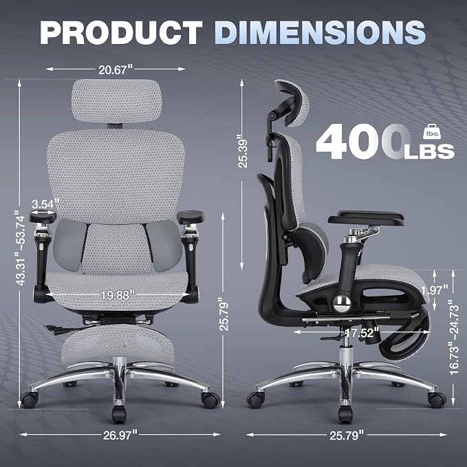 MALOL Ergonomic Office Chair, 400lbs High Back Mesh Desk Chair with 6D Armrests, 3D Headrest, Adjustable Lumbar Support, Seat Depth Adjustment, Tilt Lock, Metal Base & PU Wheels, Grey - Image 2