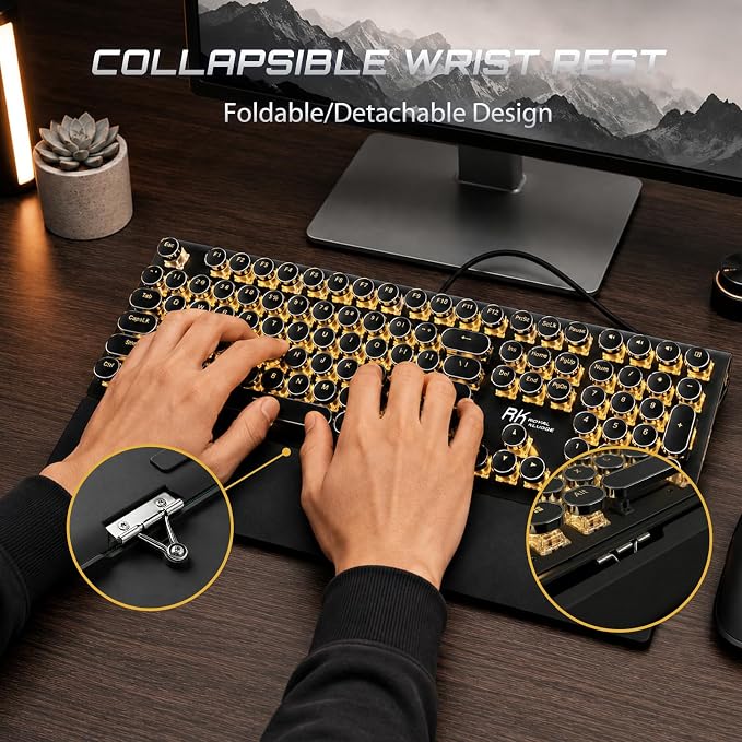 RK ROYAL KLUDGE S108 Typewriter Mechanical Keyboard, Wired Gaming Keyboard with Number Pad, Full Size Retro Keyboards w/Detachable Wrist Rest for Mac/Win/PC, Clicky Blue Switch, Yellow Backlit Black - Image 6