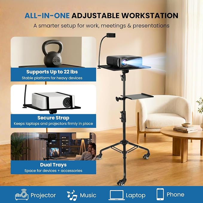 Projector Stand Tripod - 28.7 -54.3 Inch Adjustable Laptop Tripod Stand with Wheels - Dual Tray Portable Laptop Stand with Phone Holder for Office, Home, Stage, DJ Equipment & Outdoor Movies - Image 2