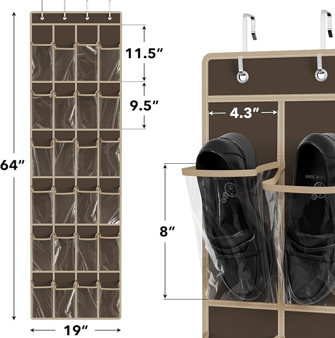 Simple Houseware 24 Pockets Clear Over the Door Shoe Organizer, Brown | 64" x 19", 4 Durable Metal Hooks, 4.3" x 9.5" Pocket Size, Multipurpose - Image 2