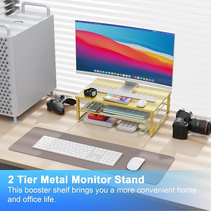 gianotter 2-Tier Metal Monitor Stand Riser | Desk Organizers and Accessories, Desk Organizer for Monitor, Office Desk Storage Organizer for Office Supplies (Gold) - Image 2