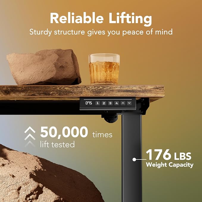 HUANUO 48x24 Inch Electric Standing Desk, Height Adjustable, Rustic Brown | 176 Lbs Capacity, Smooth Home Office Desk, 4 Memory Presets & Headphone Hooks, 28.3–46.5 Inch Height Range, Easy to assemble - Image 7