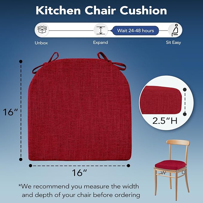 Chair Cushions for Dining Chairs, Non Slip Chair Pads with Ties and Washable Covers, Memory Foam Kitchen Chair Cushions Set of 4, 16"X16"X2.5", Red - Image 2