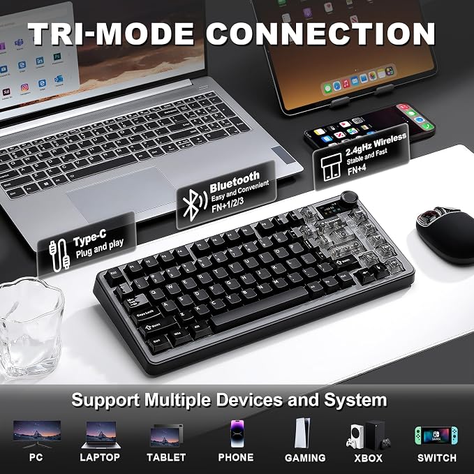 YUNZII B75 PRO MAX QMK/VIA Wireless Mechanical Keyboard | QMK/VIA, Wireless Keyboard with Screen and Knob, Custom Hot Swap, Gasket Mount, Creamy Switches, RGB for Gaming/Win/Mac - Image 3