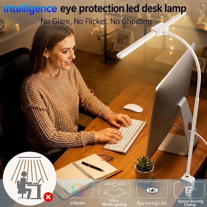 Desk Lamps for Home Office, Computer Light Bar, Double Head, White | Eye-Care Architect Light with Clamp, 3 Color Modes 10 Brightness, Adjustable for Reading, Study, Workbench - Image 4