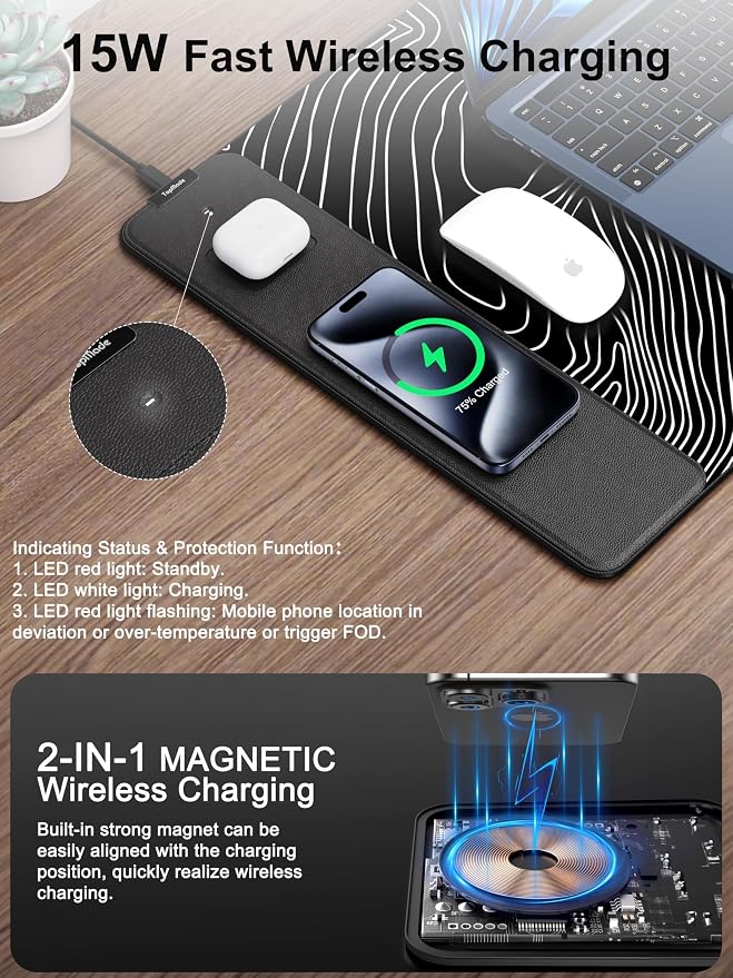 TopMade Mouse Pad with 15W Fast Wireless Charging, 31.5"x15.75" XXL Large Gaming Waterproof Desk Pad with Ultra-Smooth Surface, Non-Slip Base, Computer Desk Mat, Black Topographic Map #1 - Image 2
