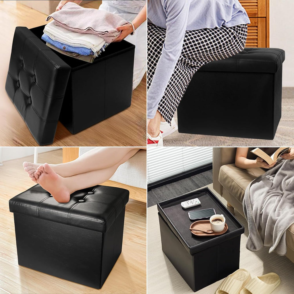 AmasSmile Ottoman with Storage,17" Folding Leather Foot Rest Chest,Black - Image 5