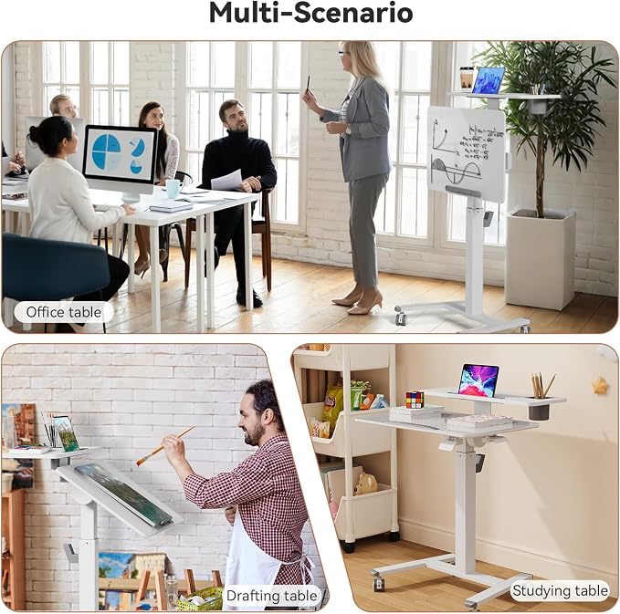 28" Glass Standing Desk, Tiltable Top with 2-Tier Shelves, White | Pneumatic Rolling Desk, Adjustable Height Mobile Computer Workstation, Portable Studio Drafting Table & Laptop Cart on Wheels - Image 9