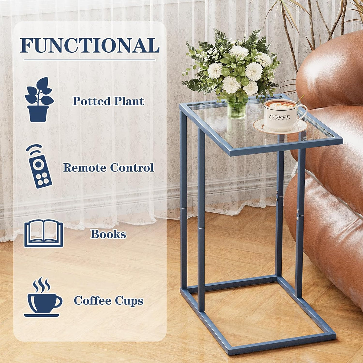 C Table End Table, Glass Couch Side Table, Tempered Glass Snack Side Table with Metal Frame, TV Tray Table for Small Space, Sofa Couch Side Tableand Bed Side Table(Blue) - Image 4