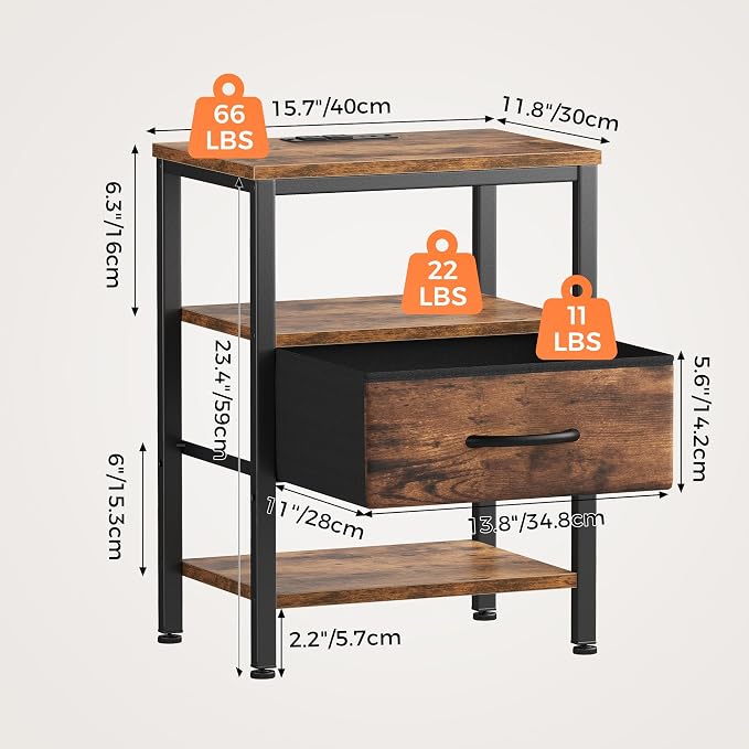 OLIXIS Nightstand with Charging Station, Beside Table with Fabric Drawer | 3-Tier End Table with 2 Storage Shelves,Night Stand with USB Ports and Outlets for Bedroom, Rustic Brown - Image 3