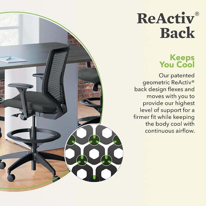 HON Solve Ergonomic Stool, Office Chair, Footring, ReActiv Back, Black | Standing desk chair with lumbar support, footring, adjustable arms, sit stand workstation seating for active work - Image 5