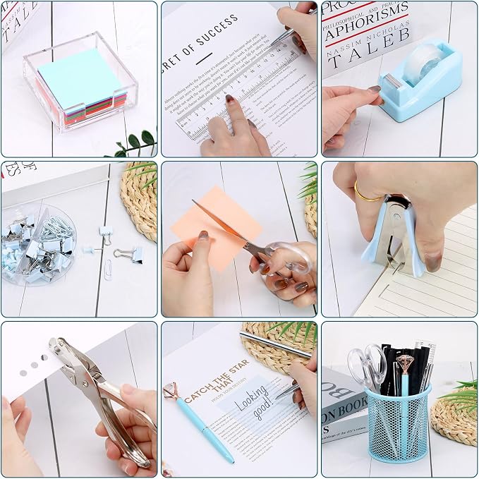 17 IN 1 Office Desk Organizer Set for Back to School Supplies Accessories | 3 Office Desk Storage Organization, 4 Pens, Stapler, Staples & Remover, Tape & Dispenser, Scissors, Ruler, Clips, Hole Punch - Image 5