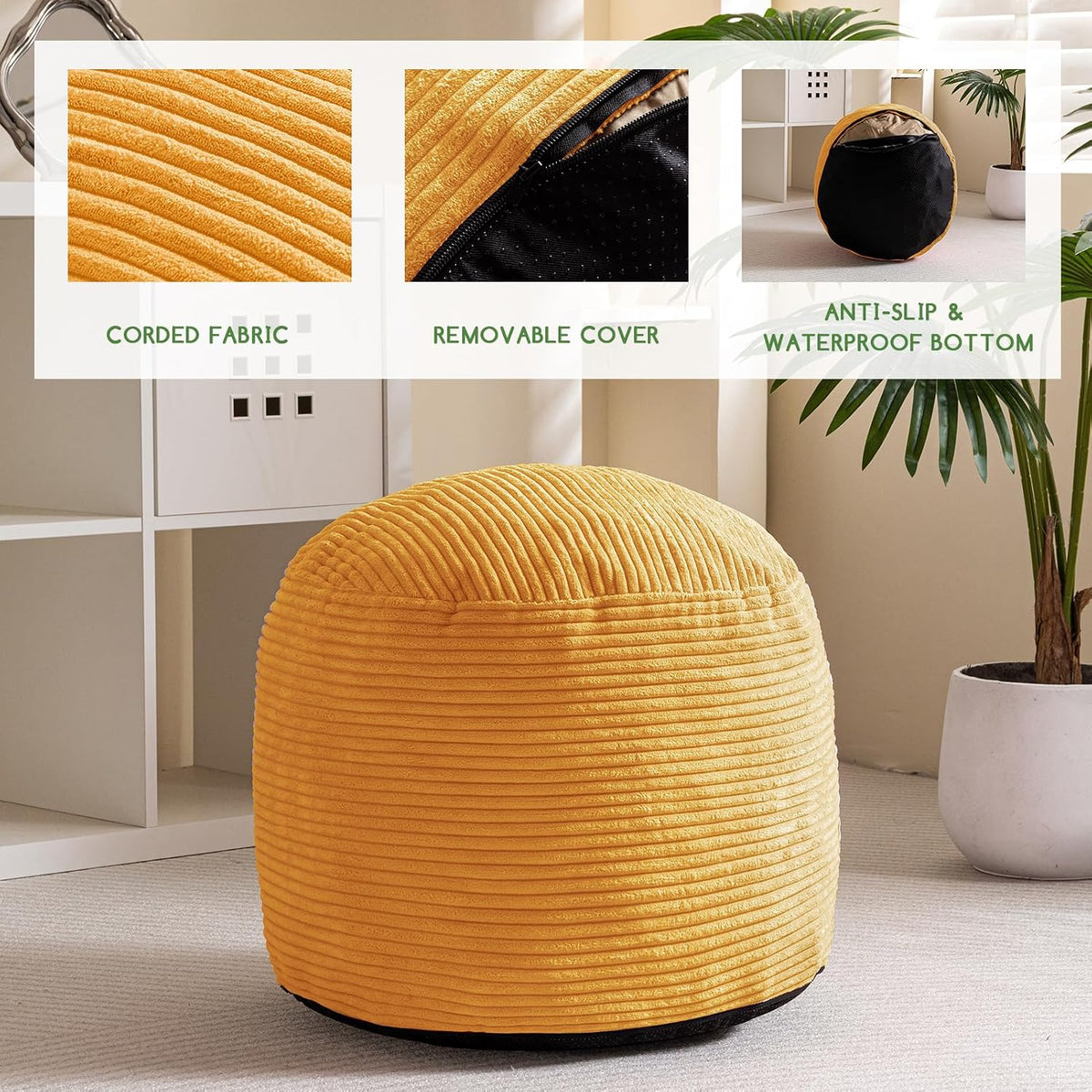 HIGOGOGO Round Stuffed Pouf Ottoman, Corduroy Poufs with Foam Chunk Filling, Furry and Fluffy Pouf Foot Stool Storage Ottoman, 20 X 15 Floor Poufs Foot Rest for Living Room, Orange - Image 3