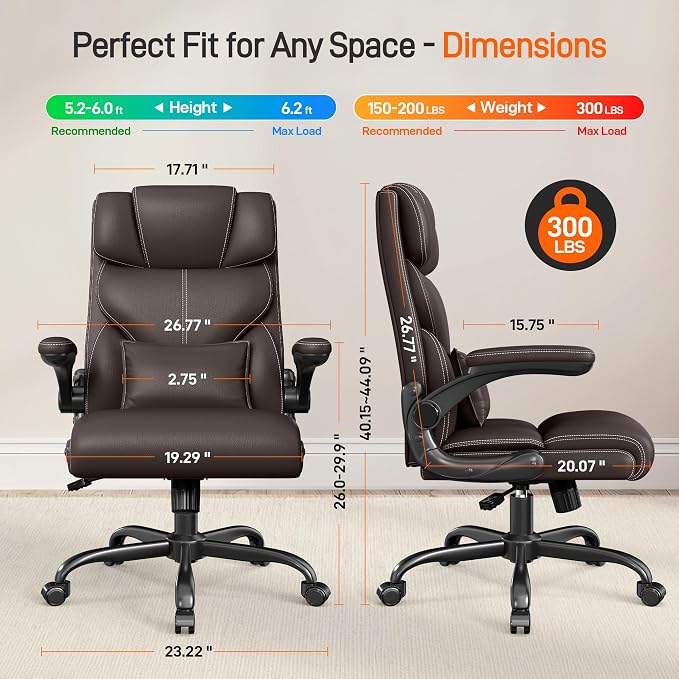 Office Chair, Executive Mid-Back Computer Desk Chair with Flip-up Armrests | 300 Lbs Ergonomic Leather Swivel PC Chair with Rock Function for Working Studying (Coffee) - Image 2