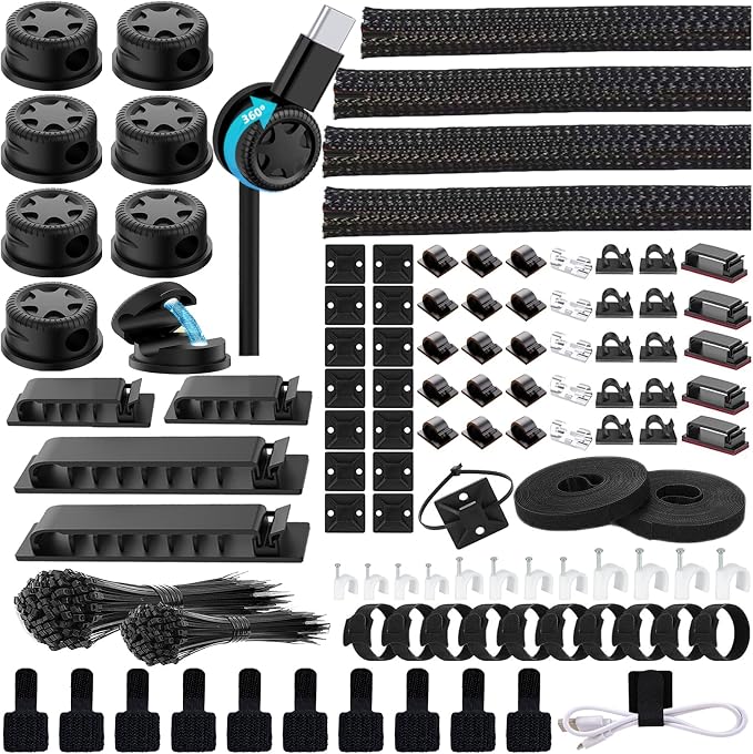 328Pcs Cable Management Kit, 8 Magnetic Cable Holder 69 Cable Clips | 4 Cable Sleeve Split,22Reusable Cable Strap,200 Nylon Cable Zip Ties ,25 Mounts TV Office,Nontoxic,Extra Strong Durable by OfficeArtCraftsProducts