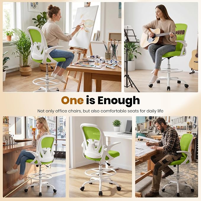 Drafting Chair Tall Office Chair with Flip-up Armrests Executive Ergonomic Computer Standing Desk Chair with Lumbar Support and Adjustable Footrest Ring (Green) - Image 5