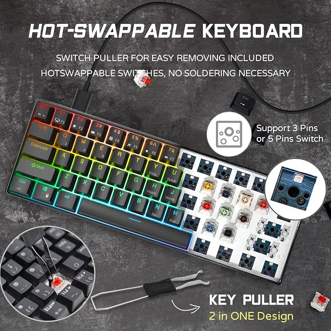 RK ROYAL KLUDGE RK61 Wired 60% Mechanical Gaming Keyboard Programmable QMK/VIA RGB Backlit 61 Keys Ultra-Compact Hot Swappable Brown Switch Black - Image 3