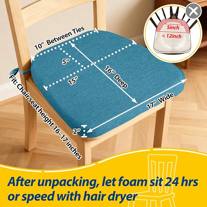 AAAAAcessories D-Shaped Chair Cushions, 2" Thick Dining Chair Pads with Ties and Removable, Machine-Washable Cover, 17" x 16", Set of 4, Teal - Image 2