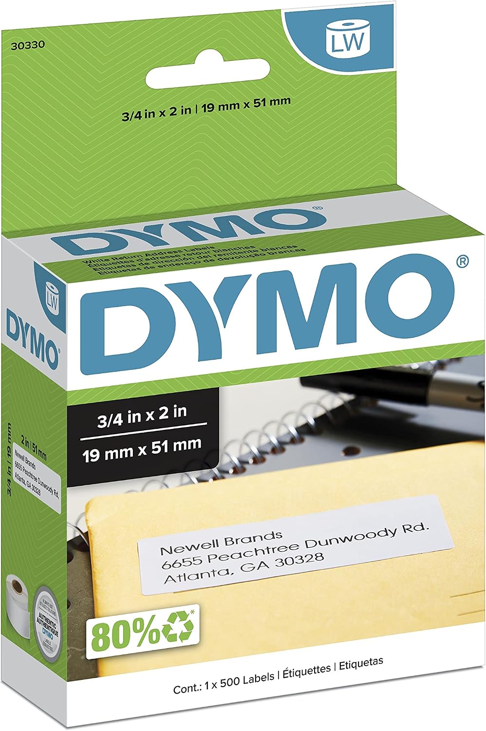 DYMO Authentic LW Return Address Labels DYMO Labels for LabelWriter Label Printers White 3/4" x 2" 1 Roll of 500 by DYMO