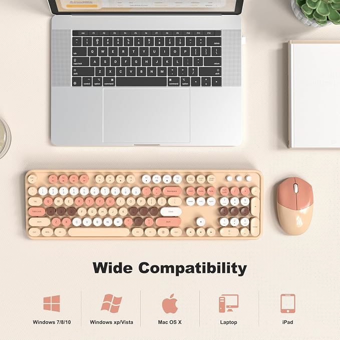 Wireless Keyboard and Mouse Combo, 2.4GHz Retro Full-Size Typewriter Keyboard with Number Pad and Wireless Mouse for PC/Laptop/Desktop/Windows (Milk Tea Colorful) - Image 5