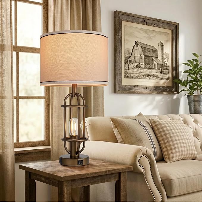 Reaketon Table Lamps for Living Room Set of 2, 22.3" Farmhouse Lamps for Nightstand, Industrial Table Lamps for Bedroom with USB Ports - Image 4