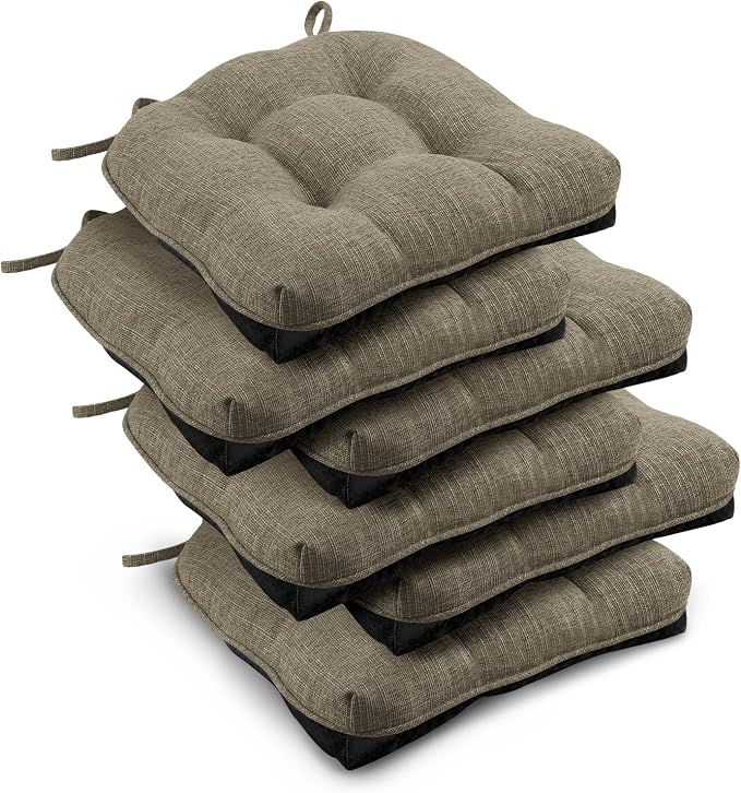 downluxe Indoor Chair Cushions for Dining Chairs, Tufted Overstuffed Textured Kitchen Chair Pads with Ties and Non-Slip Backing, 15.5" x 15.5" x 4", Khaki, 6 Pack by Downluxe