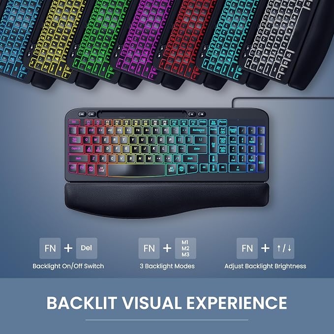 Wired Ergonomic Keyboard, Backlit USB Computer Keyboard with Wrist Rest | 7-Color Backlit Keyboard with Wrist Rest, Wave Keys, Phone Holder, Lighted Keyboard for PC, Laptop, Windows, and Mac - Image 2