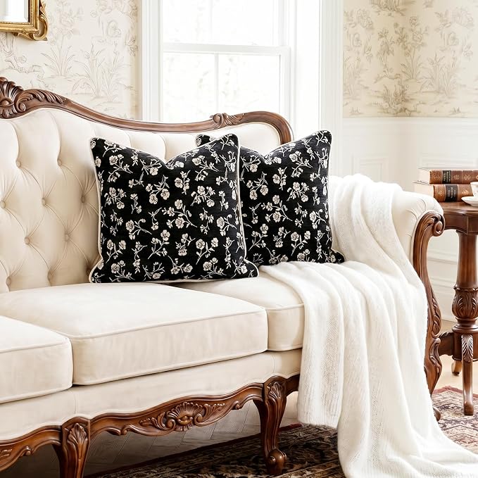18x18 Chenille Jacquard Throw Pillow Cover, Black Vintage Floral Cushion Case with Piped Edges, Decorative Accent for Sofa, Couch & Bed, 2 Pack - Image 2