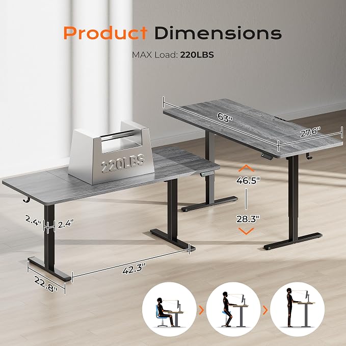 Huuger 63 x 28 Large Electric Standing Desk, Height Adjustable Computer Desk, 27.6" Deep Desktop, Stand up Gaming Office Table with 2 Hooks, 3 Preset Heights, for Home Office, Grey - Image 2