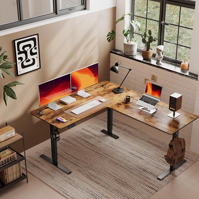 Cubiker L Shaped Standing Desk - 63 x 55 Inch Electric Adjustable Height Corner Standing Desk, Ergonomic Sit Stand Up Table, Splice Board for Home Office, Rustic Brown - Image 2