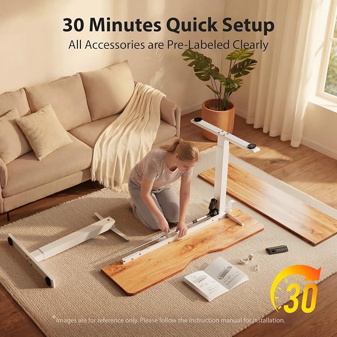 Cubiker Standing Desk, 63x28 Inches Sit Stand Home Office Desk, Electric Stand up Desk, Adjustable Desk with Splice Board, White Frame/Light Rustic Top - Image 8