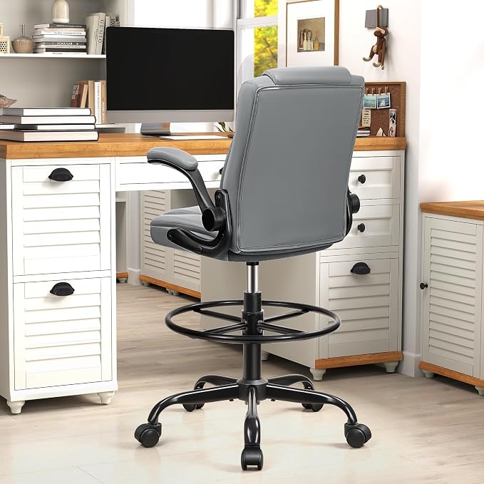 Drafting Chair, Tall Office Chair for Standing Desk, High Executive Leather Ergonomic Computer Chair with Adjustable Height and Flip-Up Armrest for Counter Height Desk, Grey, Pack of 1 - Image 8