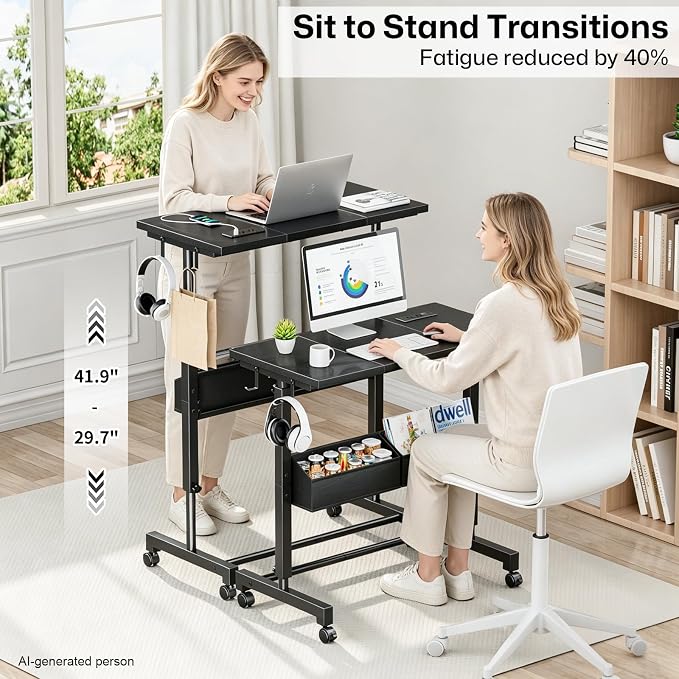 Small Mobile Standing Desk: 5-in-1 Charging Station - Power 5 Devices | Move & Charge in Any Room, Sit-Stand or Walk While Working, Store Supplies in Side Bags, Fits Small Spaces & Treadmills - Image 4