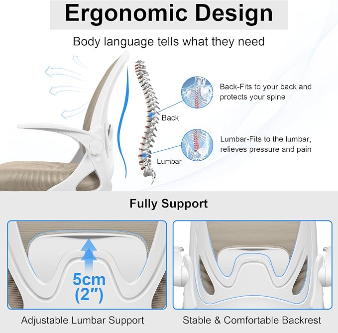 Drafting Chair Tall Office Chair with Flip-up Armrests, Adjustable Height, and Enhanced Lumbar Support - Ergonomic Rolling Stool, Back Support, and Adjustable Foot Rest Ring for Standing Desk Khaki - Image 3
