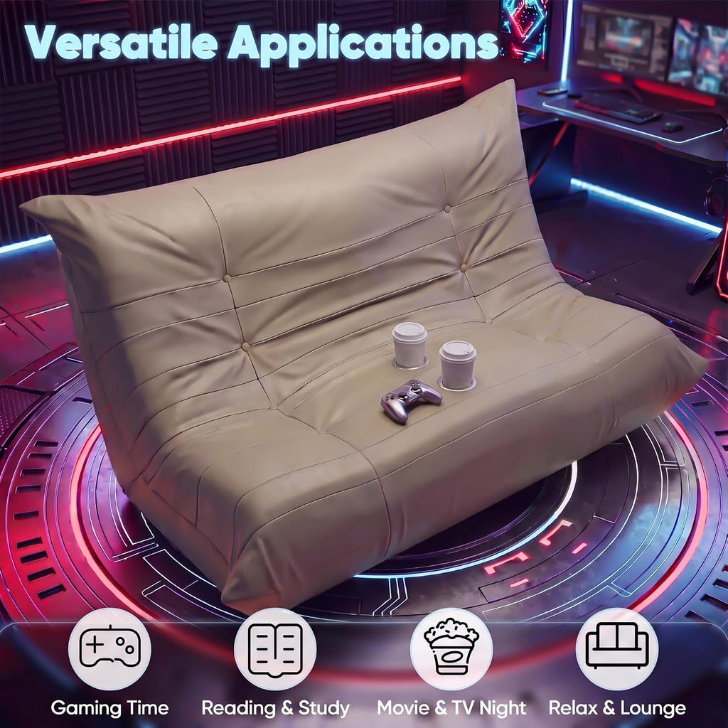 Homall Floor Gaming Chair Boneless Loveseat Couch, Ergonomic Floor Sofa Couch with Cup Holders, Leather Lazy Floor Lounger for Gaming, Reading, Relaxing, Watching TV (Khaki) - Image 3
