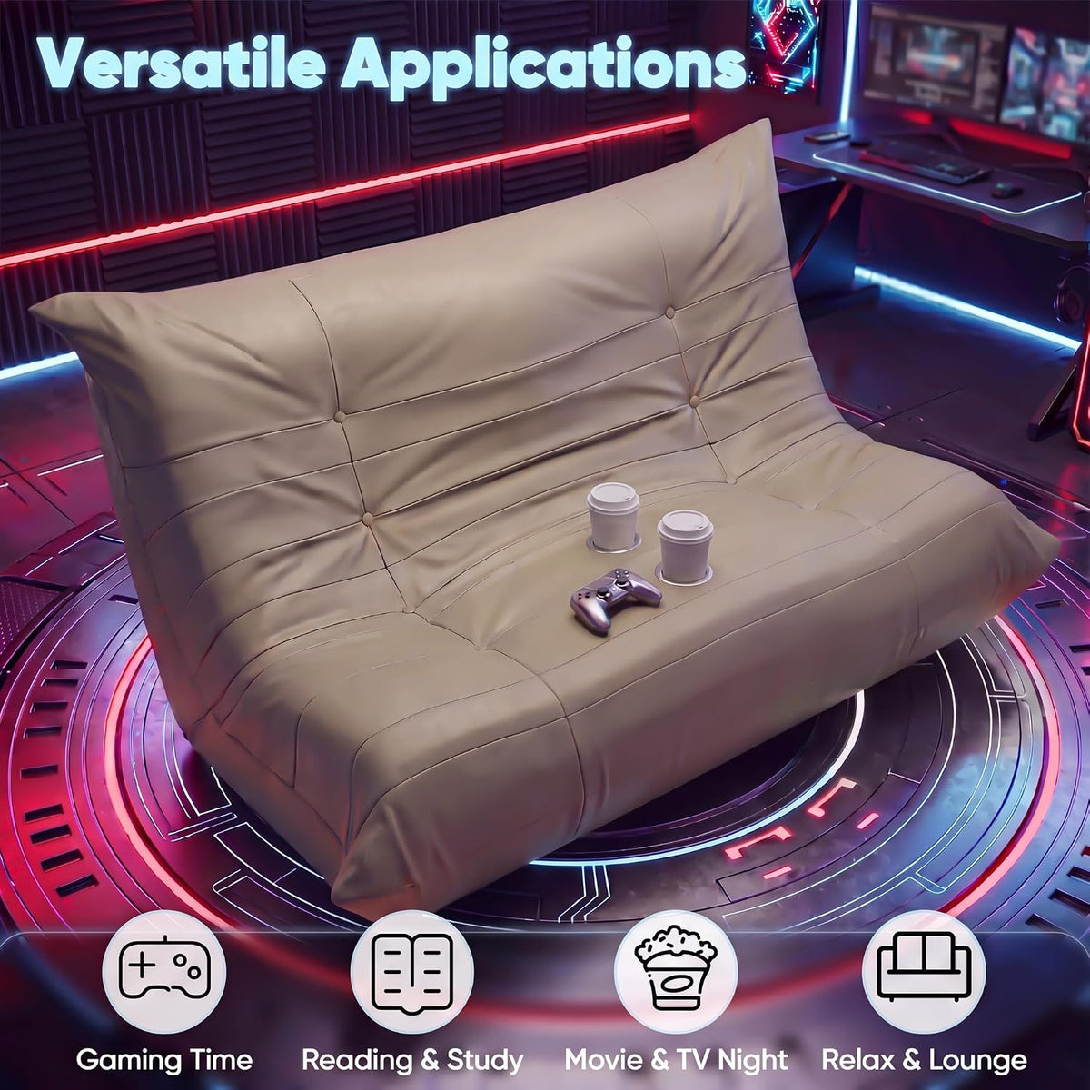 Homall Floor Gaming Chair Boneless Loveseat Couch, Ergonomic Floor Sofa Couch with Cup Holders, Leather Lazy Floor Lounger for Gaming, Reading, Relaxing, Watching TV (Khaki) - Image 3
