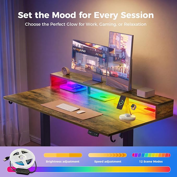 Klicelor Electric Standing Desk with Shelf, 48 Inch Height Adjustable Desk with Power Outlets & LED, Sit Stand Up Table with Monitor Stand, Computer Workstation for Home Office, Rustic Brown - Image 9