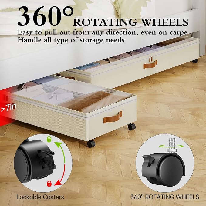 Yecaye 85 L Under Bed Storage with Wheels, 2 Pack Under Bed Storage Containers with Adjustable Dividers & Lids, Large Rolling Underbed Organizer Bins Drawers for Clothes, Shoes, Blankets Toys, Beige - Image 4