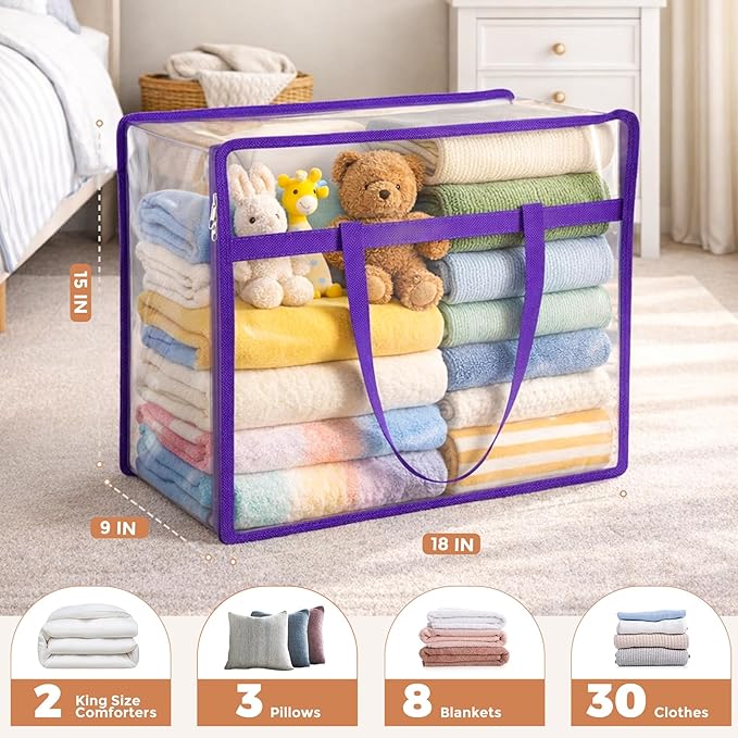 4 Pack Clear Storage Bags for Clothes, 45L Closet Organizers and Storage | Plastic storage with zipper and handle, moving bags, under-bed storage, closet organizer for blankets, comforters, toys - Image 2