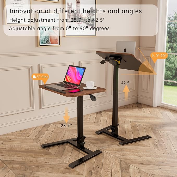 25" Mobile Folding Desk: Pneumatic Sit-Stand, No Assembly | 29-42" Height Adjustable Rolling Laptop Desk, Hidden Wheels, 0-90° Tilt Top. Ideal for Home Office, Craft & Study. - Image 8