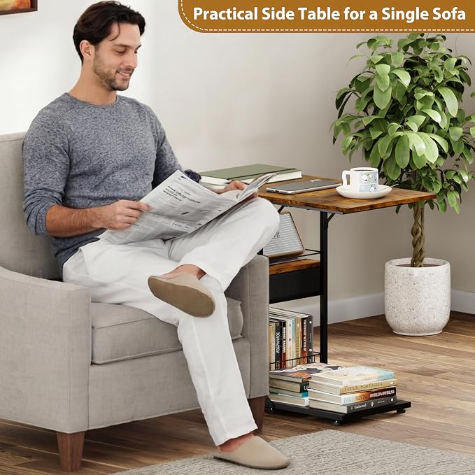 Rolling Coffee Table with Oversized Double-Wide Wood Top, Mobile Tv Tray with Storage Drawer and Wheels for Sofa, Portable Side Table for Living Room, Home Office, Spacious Desk for Working Studying - Image 2